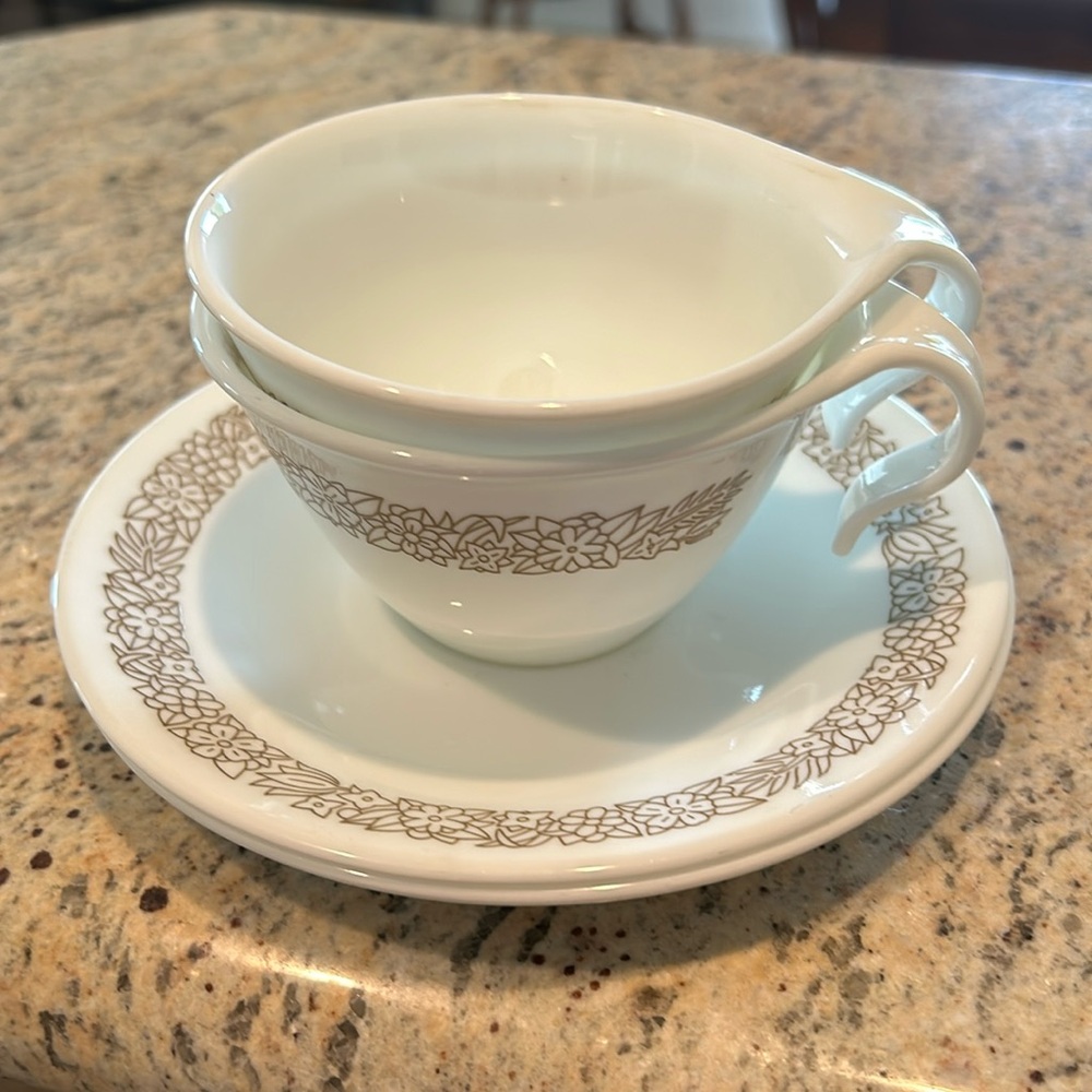 Corelle Woodland Brown Cups and Saucers Set: 2 cups, 2 saucers (discontinued)